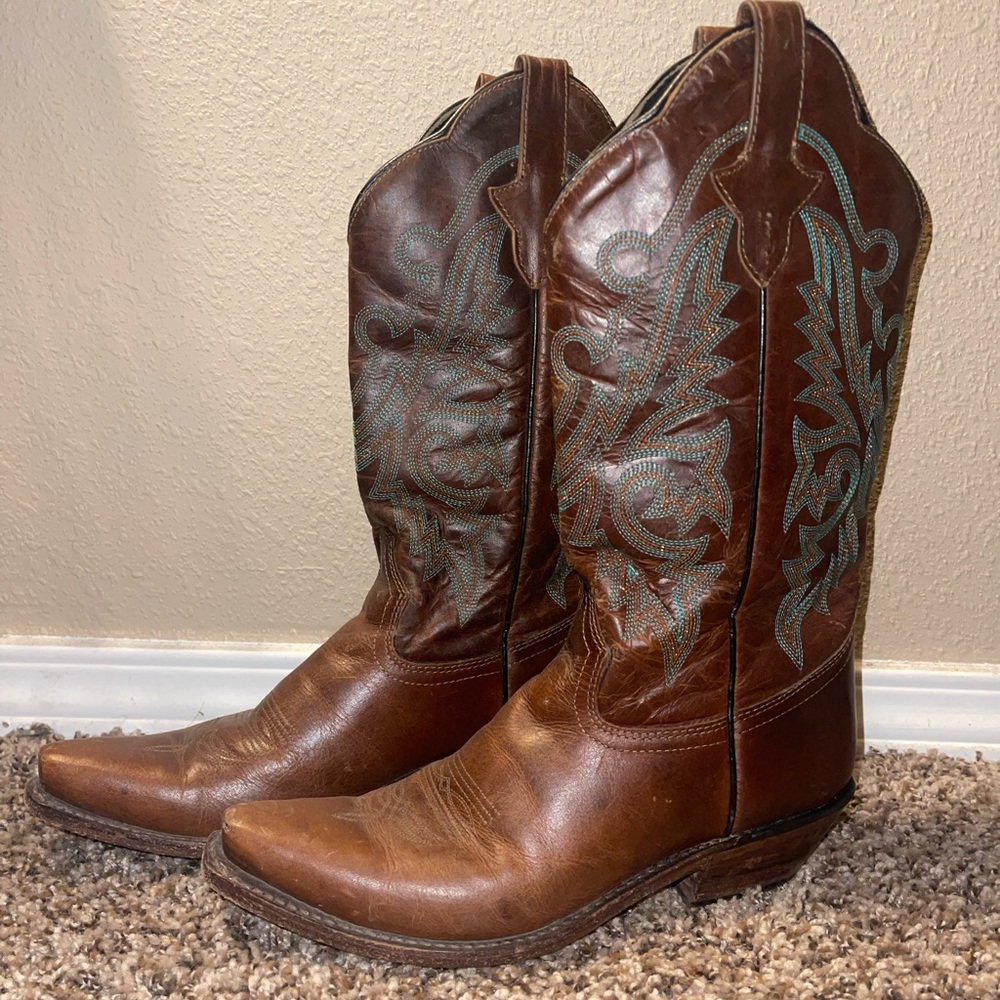 Brown and Turquoise shimmer stitched boots by Gypsy Rose Boots
